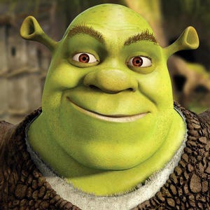 May include: A close-up of Shrek, a green ogre character with brown eyebrows, ears, and red eyes. He is smiling, and wearing a brown and tan textured shirt. The background is blurred, suggesting a forest setting.