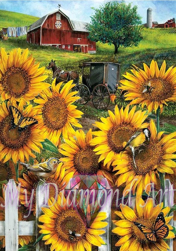 5D DIY My Diamond Art barn Sunflowers Diamond Painting Kit NEW 