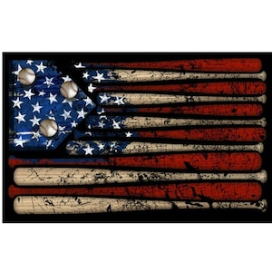 May include: An American flag design made of baseball bats with three baseballs in the upper left corner. The flag is distressed and has a vintage look.