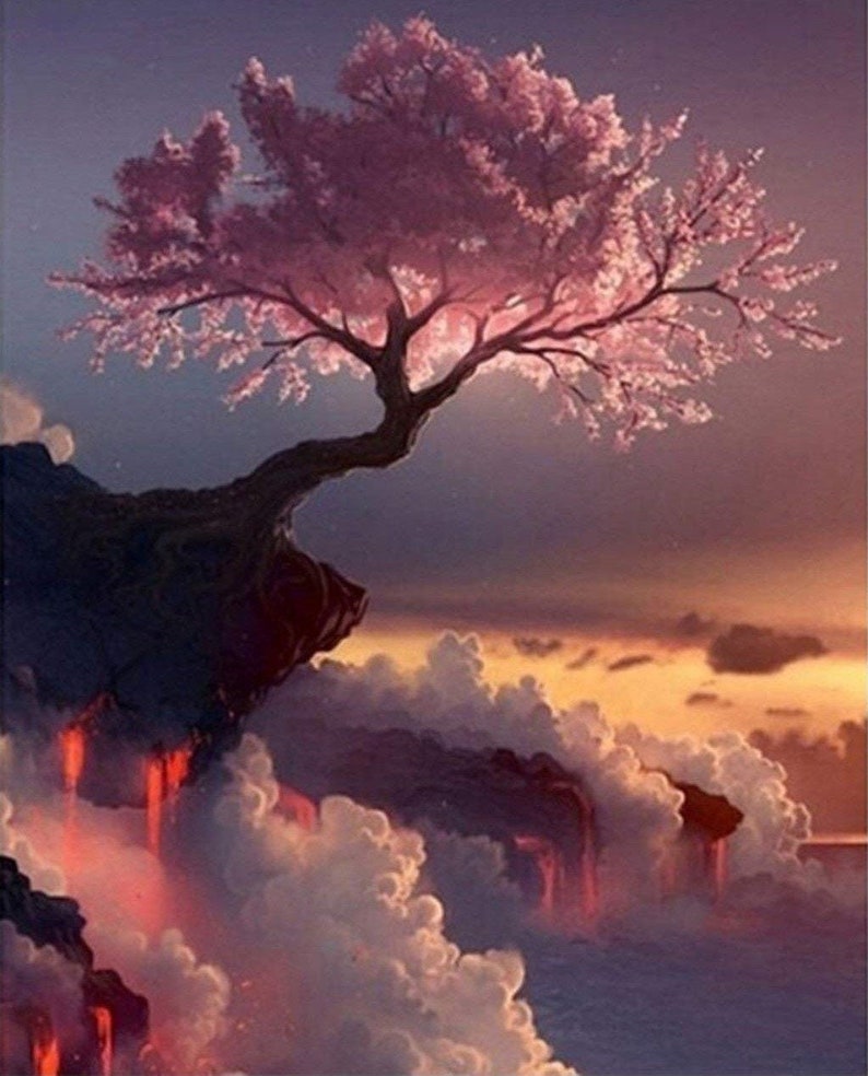 5D DIY My Diamond Art pink Tree on A Cliff Diamond Painting | Etsy
