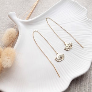 TESS gold stainless steel chain earrings with ginkgo leaf print