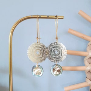 AMBRE earrings with gold print and sequin in water green mother-of-pearl