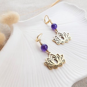 FLEUR DE LOTUS earrings lotus flower charm in stainless steel and Amethyst beads