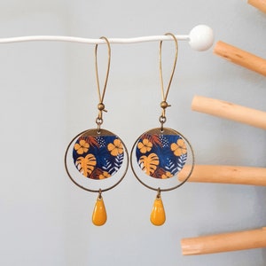 MILA earrings in Japanese paper and mustard yellow or midnight blue enameled sequin image 1