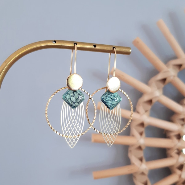 Earrings ALEXIA gold and sequin print with water green resin