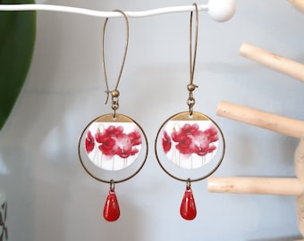 WATERCOLOR POPPY earrings, Japanese paper and red enamelled sequin