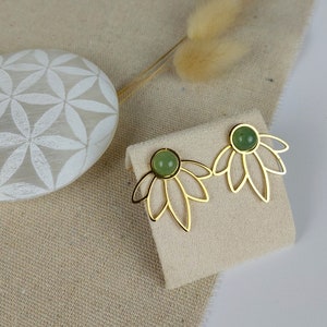 NAOMI openwork flower earrings in stainless steel and green Aventurine cabochon