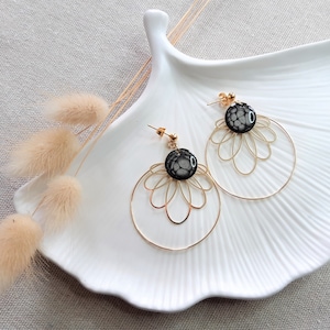 MAELYS earrings gold print in stainless steel and sequin with resin with dark gray effects