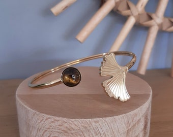 GINKGO-Armreif aus Edelstahl mit Ginkgoblattmuster und Tigerauge-Cabochon