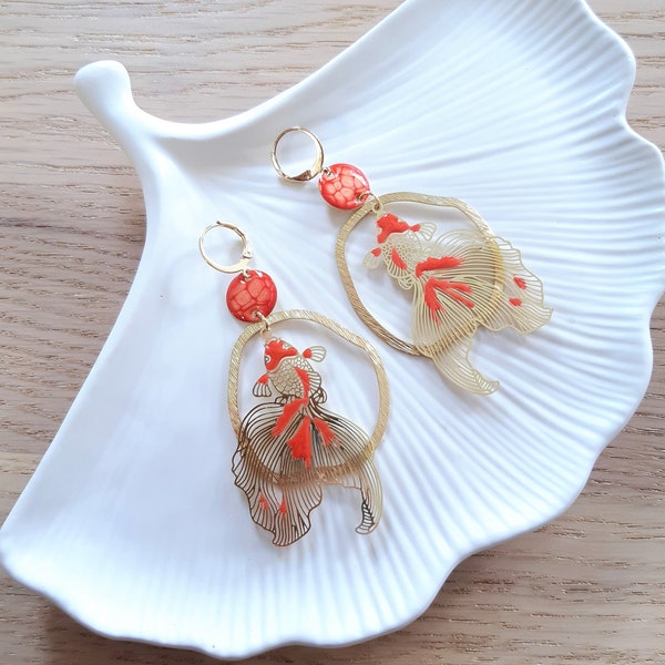 TOKYO earrings with gold print of Japanese fish and coral sequins