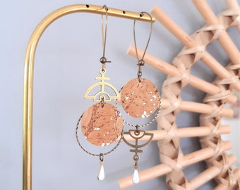 CELESTE asymmetrical earrings, cork and Aztec motif charm