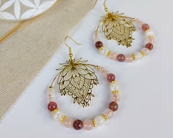 LOLA Creoles with pearls in Rose Quartz, Strawberry Quartz and Rock Crystal, gold print