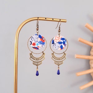 OLIVIA earrings with bronze geometric charm, Japanese paper and blue enamelled sequin