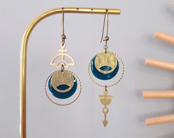 Asymmetrical TALIA earrings, Aztec pattern charms and oil blue enamelled sequin