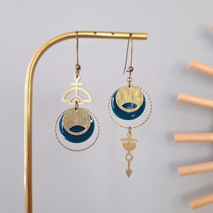 Asymmetrical TALIA earrings, Aztec pattern charms and oil blue enamelled sequin