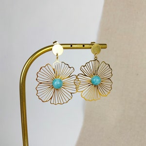 MARGUERITE earrings with flower print in stainless steel and turquoise blue Agate cabochon
