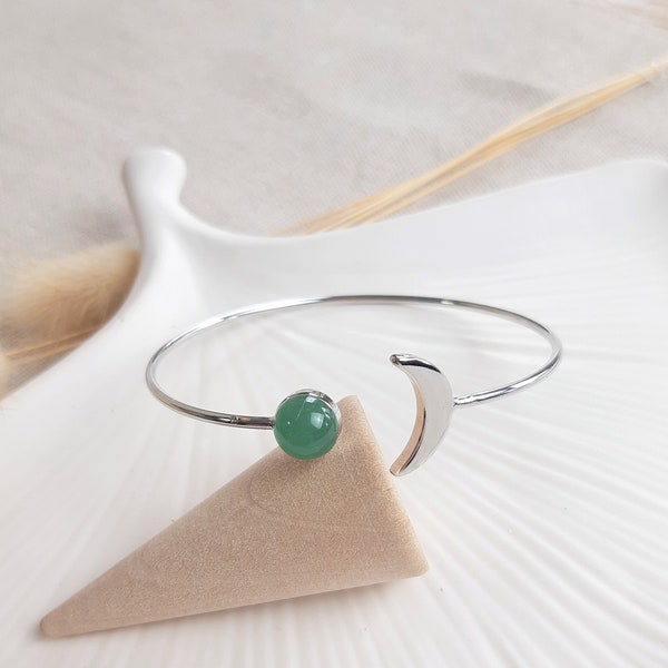 Silver MOON adjustable bangle bracelet and mother-of-pearl or green Aventurine cabochon