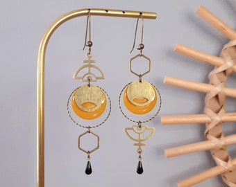 Asymmetrical LEANDRA earrings, Aztec pattern charms and mustard yellow enamelled sequin