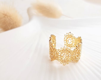 Adjustable ring LACE filigree gilded with 24 carat fine gold