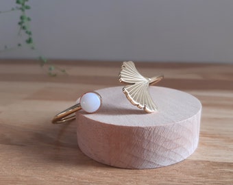 GINKGO-Armreif aus Edelstahl mit Ginkgoblatt-Motiv und Perlmutt- oder Lapislazuli-Cabochon