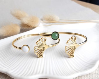 GINKGO stainless steel bangle bracelet with openwork ginkgo leaf pattern and mother-of-pearl or green Aventurine cabochon