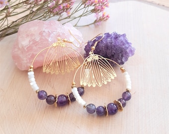 Creoles ROMY pearls in Mother-of-Pearl and Amethyst, golden steel print