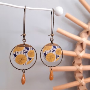 JADE earrings with Japanese paper and mustard yellow enamel sequins