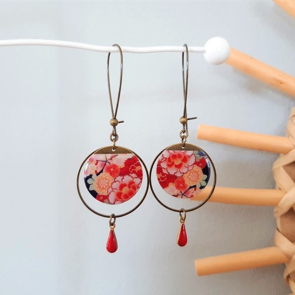 Boucles d'oreilles ALONA papier japonais et sequin émaillé rouge