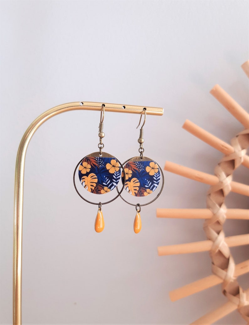 MILA earrings in Japanese paper and mustard yellow or midnight blue enameled sequin image 9