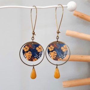 MILA earrings in Japanese paper and mustard yellow or midnight blue enameled sequin image 5