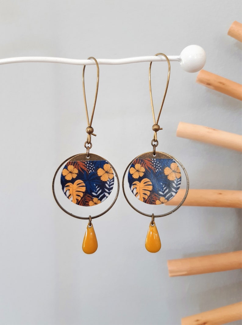 MILA earrings in Japanese paper and mustard yellow or midnight blue enameled sequin image 5