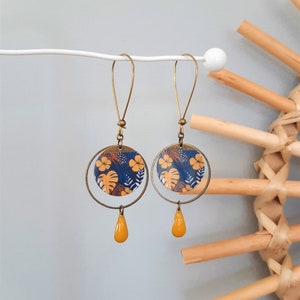 MILA earrings in Japanese paper and mustard yellow or midnight blue enameled sequin image 3