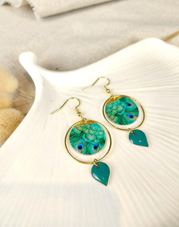 Design Peacock Feather Earrings Gold Golden PEACOCK FEATHER