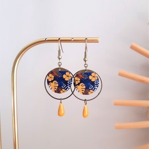 MILA earrings in Japanese paper and mustard yellow or midnight blue enameled sequin image 10