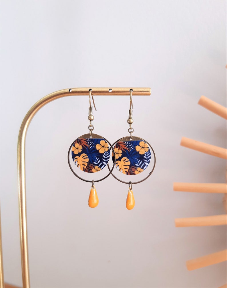 MILA earrings in Japanese paper and mustard yellow or midnight blue enameled sequin image 10