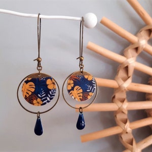 MILA earrings in Japanese paper and mustard yellow or midnight blue enameled sequin image 8