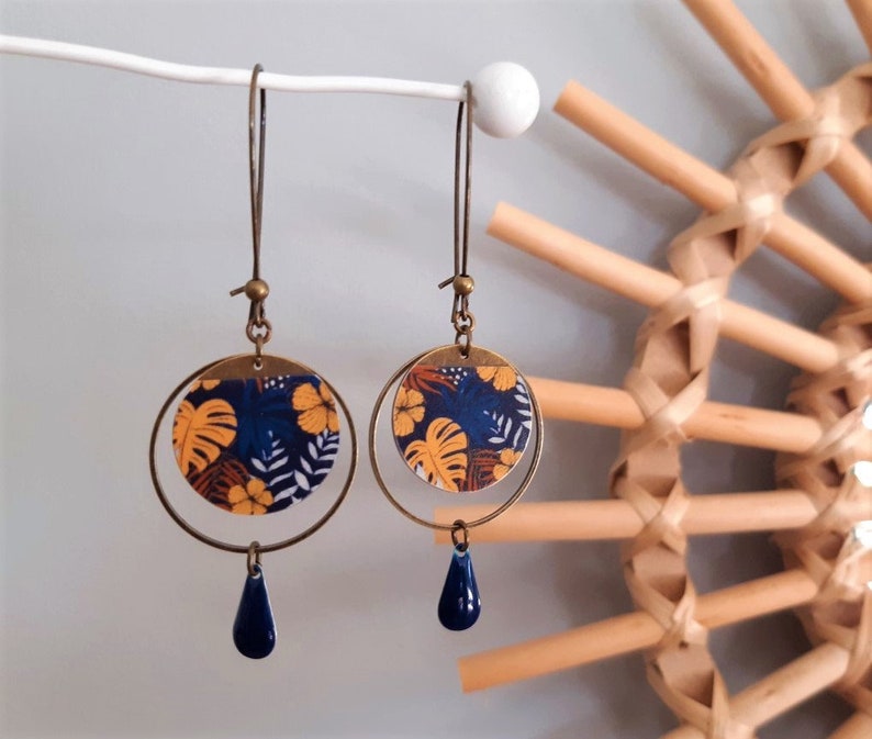 MILA earrings in Japanese paper and mustard yellow or midnight blue enameled sequin image 8