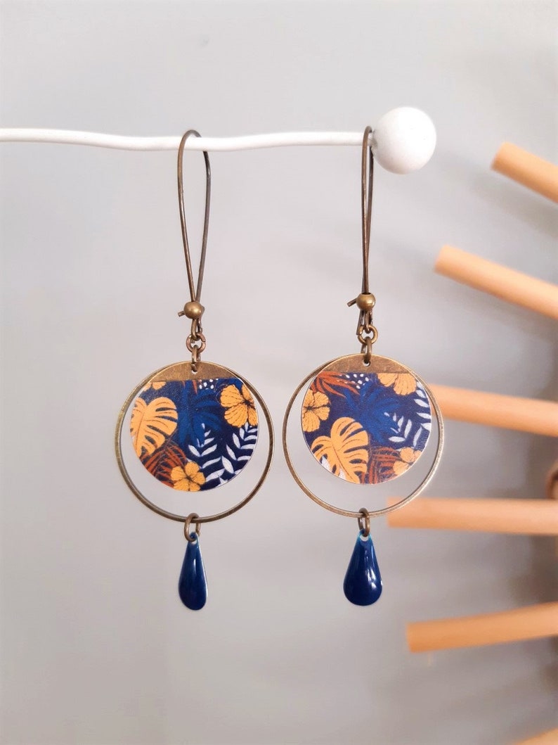 MILA earrings in Japanese paper and mustard yellow or midnight blue enameled sequin Blue