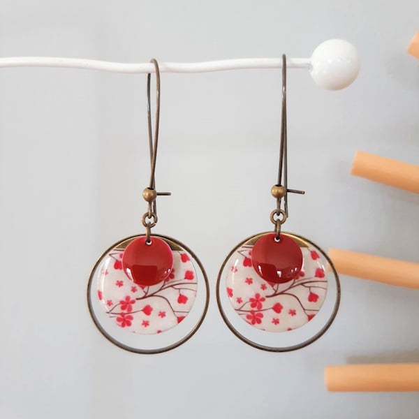 Boucles d'oreilles ANAÏS papier japonais et sequin émaillé rouge