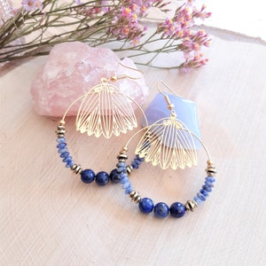 Creoles ROMY pearls in Lapis lazuli and Sodalite, golden steel print