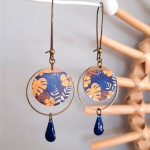 MILA earrings in Japanese paper and mustard yellow or midnight blue enameled sequin image 7