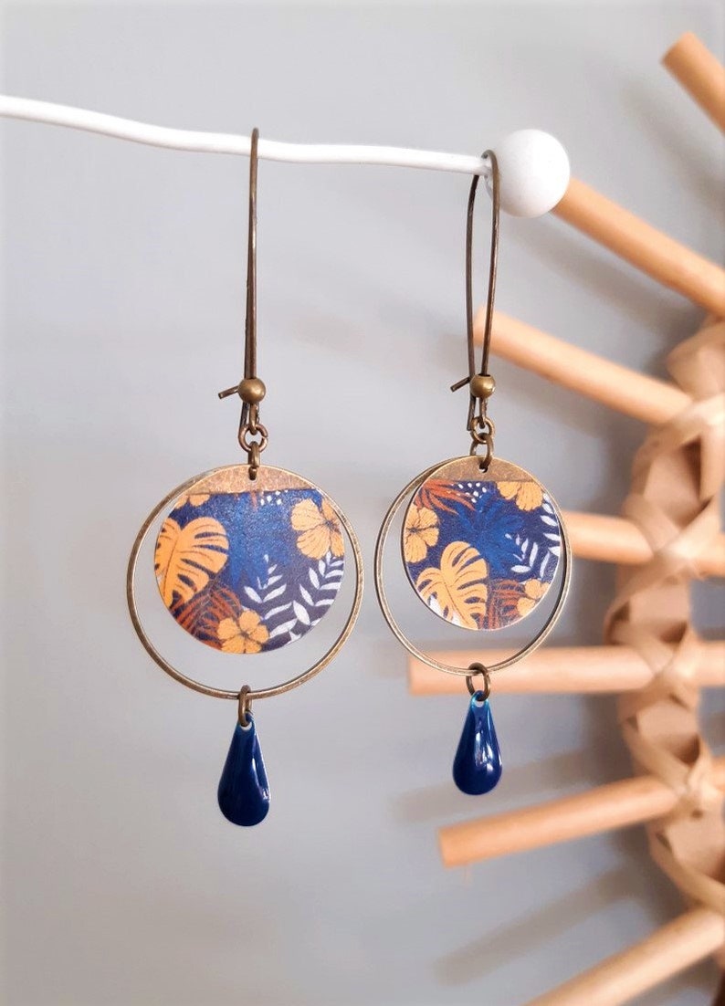 MILA earrings in Japanese paper and mustard yellow or midnight blue enameled sequin image 7