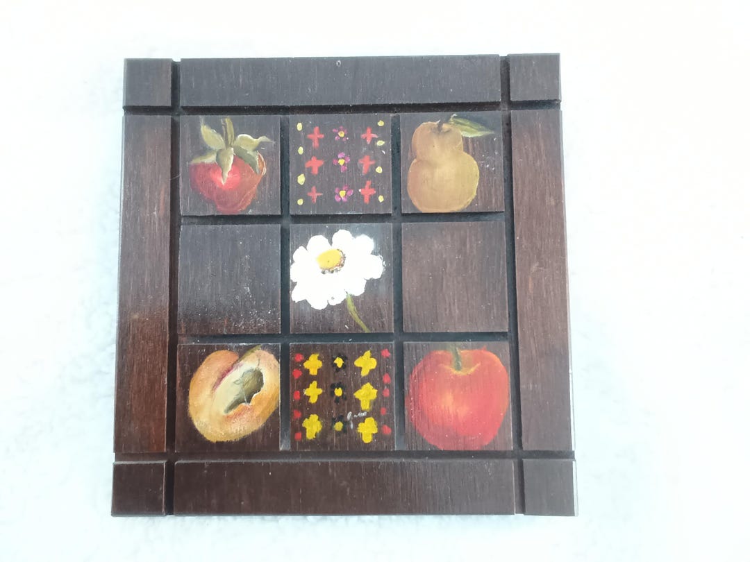 Vintage Hand Painted Fruit Floral Wood Wall Plaque Hanging Decor Apple ...