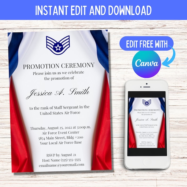 Air Force Flag Announcement -Promotion, Retirement, Commission, Graduation Ceremony, Invitation, Officer, Enlisted, Digital, Instant