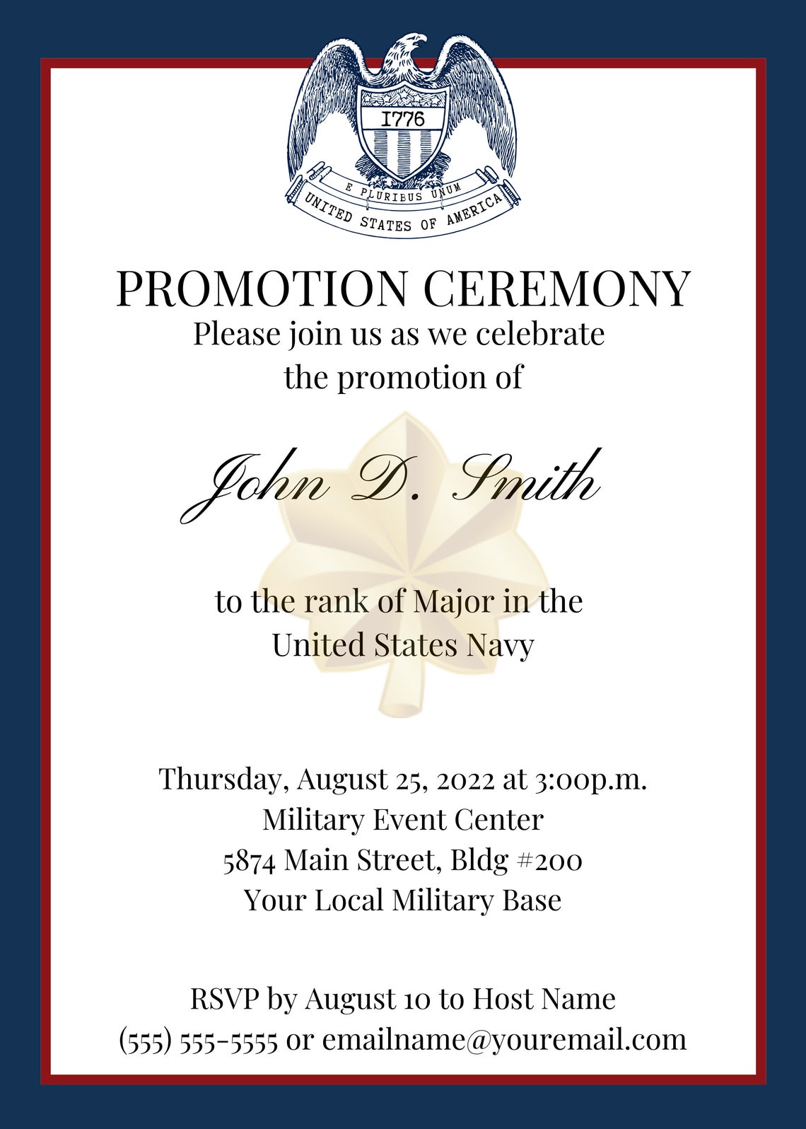 Navy Announcement promotion, Retirement, Commission, Graduation Ceremony, Invitation, Officer