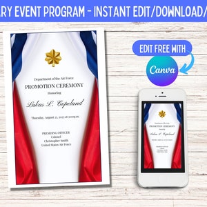 Op de afbeelding: Een printbaar programma voor een militaire promotieceremonie. Het programma heeft een rood, wit en blauw Amerikaans vlagontwerp met een gouden ster. De tekst luidt "Department of the Air Force Promotion Ceremony Honoring Lukas L. Copeland Thursday, August 25, 2013 at 1:00pm. Presiding Officer Colonel Christopher Smith United States Air Force."