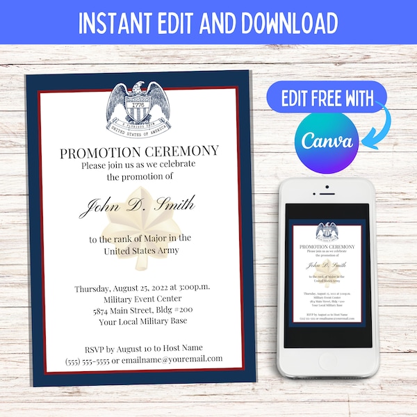 Army Announcement -Promotion, Retirement, Commission, Graduation Ceremony, Invitation, Officer, Enlisted, Military, Digital, Instant