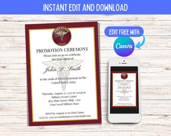 Army Nurse's Corps Digital E-vite, Announcement -Promotion, Retirement, Commission, Graduation Ceremony, Invitation, Military, Medical