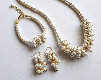 Perlen-Cluster-Halskette, Armband-Ohrringe-Set, Glasperlenschmuck, Geburtstagsgeschenk für sie, 18,5'' Halskette