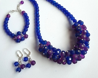 Blue and purple cluster necklace bracelet and earrings set, glass bead jewelry, Birthday gift for her